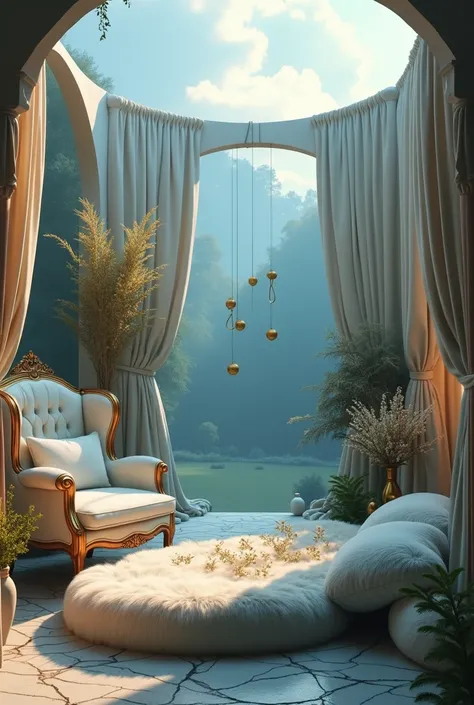 enviroment for a Libra person, witth drapery fabric, cushions, armchair, blanket, magic, based on the colors light blue and gold, an environment with decorative elements, symbology, astrology, intimate light, dramatic light, dim light, completely mystical ...