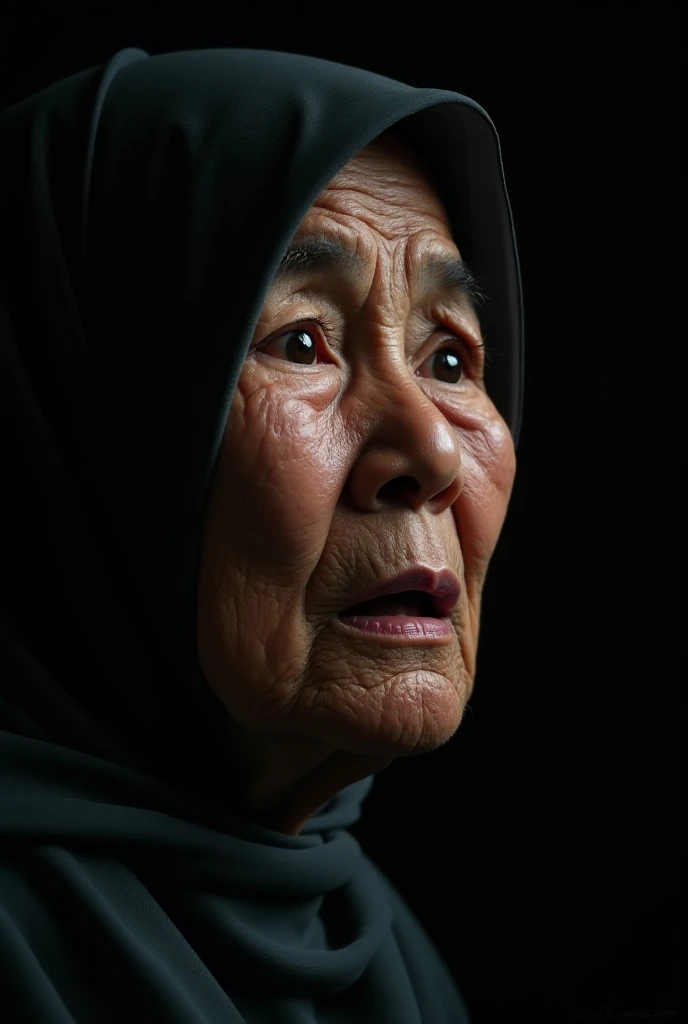 close-up at right side angle, hijab Malay woman, 80-year-old, sobbing, face looking-up, ultra-detailed tears, texture, expression, depth of field, dramatic lighting, hyper-realistic,