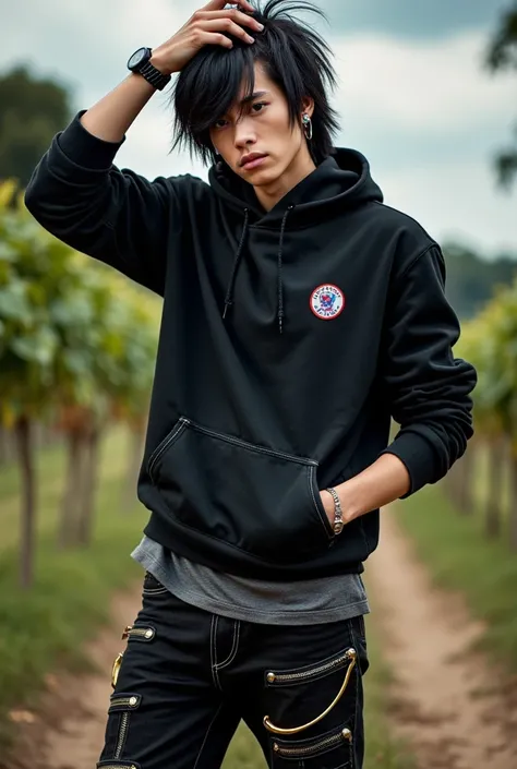  Professional photograph , realistic, taken from the front ,  photo of an Italian man , at 21 years old,  he has rebellious hair , without Hairstyle, Not very long ,  but hes not short either and its all black ,  hes wearing a black hoodie with a kangaroo ...