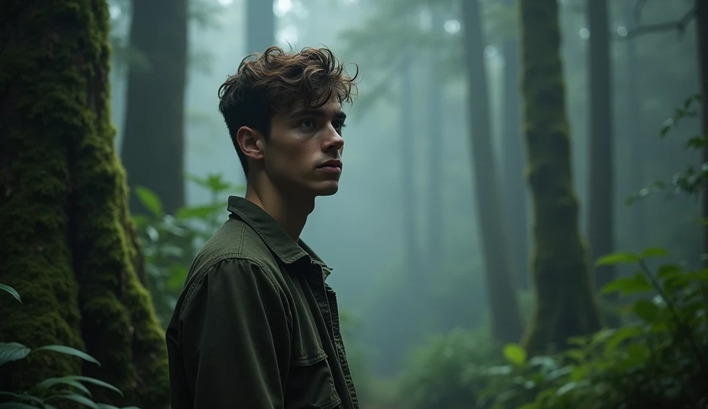 A close-up of a young man with a thoughtful expression, standing in a misty forest