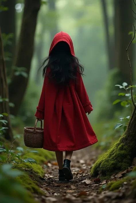  a girl,  black hair,  red hood , red dress,  black shoes, With a basket and in the woods