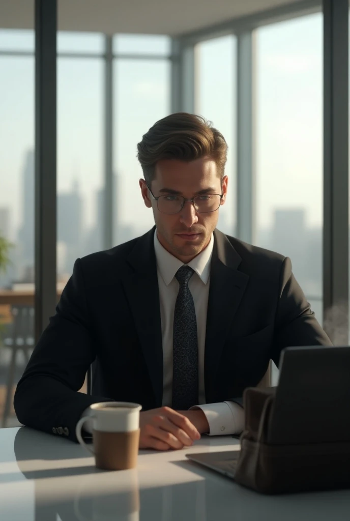 a realistic man in a black suit sitting in a freelancing office