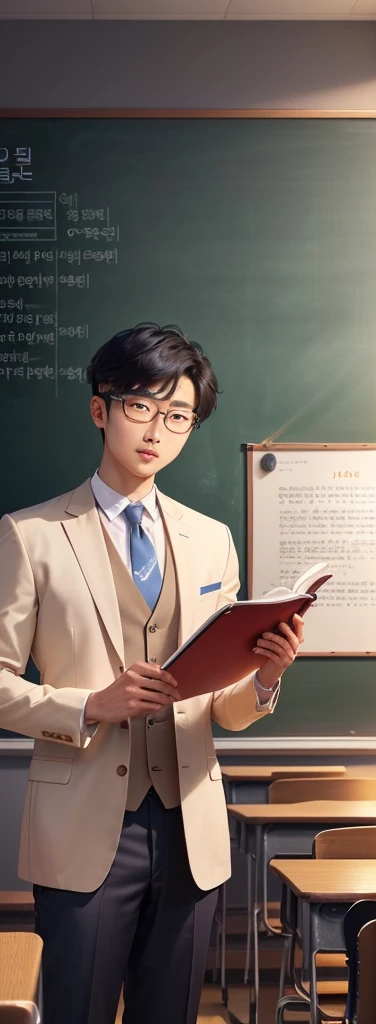 , a group of men in suits standing in front of a blackboard., , a skinny Asian scientist, , He was at college , South Korean man, Korean muscular guy 2 ,  was a strict teacher in school,  ), In the classroom,  inspired by Jung Kun Lee , , inspired by Ding ...