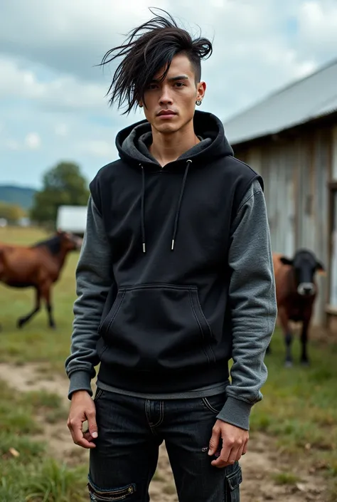  Professional photograph , realistic, taken from the front ,  photo of an Italian man , at 21 years old,  he has rebellious hair , without Hairstyle, Not very long ,  but hes not short either and its all black ,  hes wearing a black hoodie with a kangaroo ...