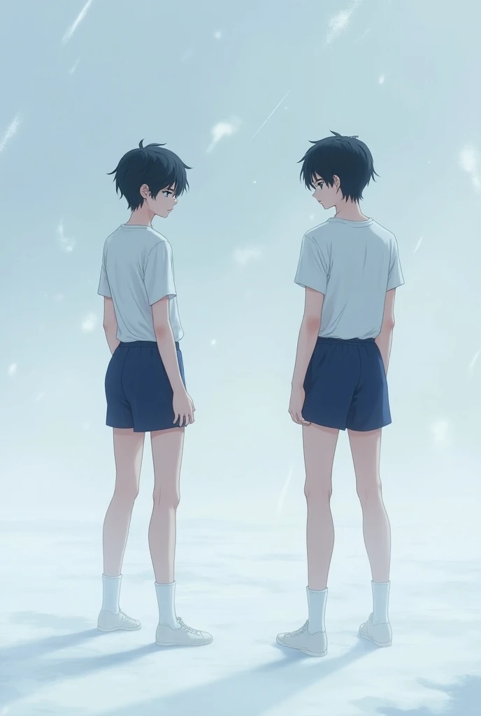  Japanese Anime、Frozen High School Boys 、Gym clothes、 White Short Sleeve White T Shirt 、 Navy Blue Short Shorts、 long and thin legs