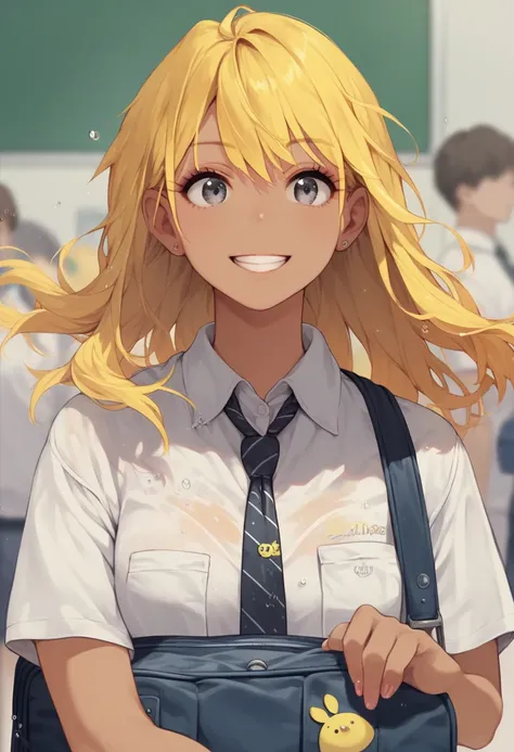 1 girl, gyaru, (wash:0,7), name (cancel), (question (questionzy):0.7), air seal, (trendy:0.6), solo focus, portrait, happy, front view, floating hair, school, bright yellow hair, wearing a white shirt, wearing a tie, holding a nuigurumi, carrying a Japanes...