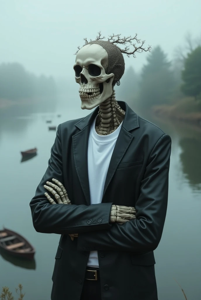 Man with the face of a skull and with an indium adornment on his head, wearing a white t-shirt and a black leather jacket ,  standing with arms crossed at the back of a river with small boats