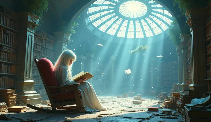 book room (Flying debris), (Highest quality), Very detailed，(Long white hair: 1.5)，(blue eyes: 1.4)，space、Glass dome、Large dome、indoor、Light、[fine detail light][soft light][cinematic light][light particles][multi-colored refraction][diffuse light][light-fi...