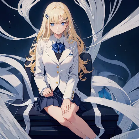  School uniform, white blazer, dark blue shirt, hair clip, 1woman, solo, blond, long hair, shining hair, medium-large breast, facing viewer, subtle smile, arrogant, class background, sitting facing viewer, zoomed out, half body shot,