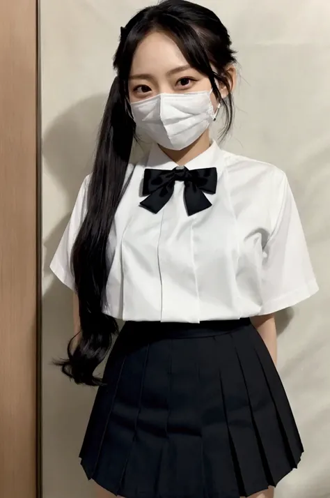  gravure idol pose 　Hotel　 bed　uniform　 white shirt 　High image quality　Not too small bust　 black miniskirt　Shorten your skirt 　Beautiful legs　Beautiful Hair　Height: 155cm　 has a semi-long hairstyle 　 mask with a 27 year old man
