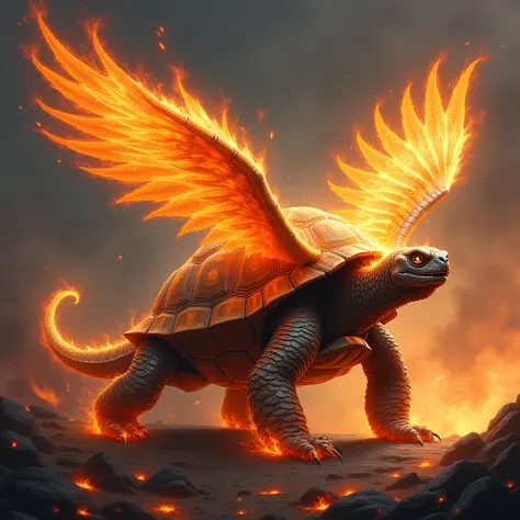 A digital artwork depicting the transformation of a turtle and a phoenix into a majestic hybrid creature called the Ember-Scaled Pyreth. This being has the sturdy, armored body of a turtle, with glowing embers embedded in each scale, giving off a subtle, w...