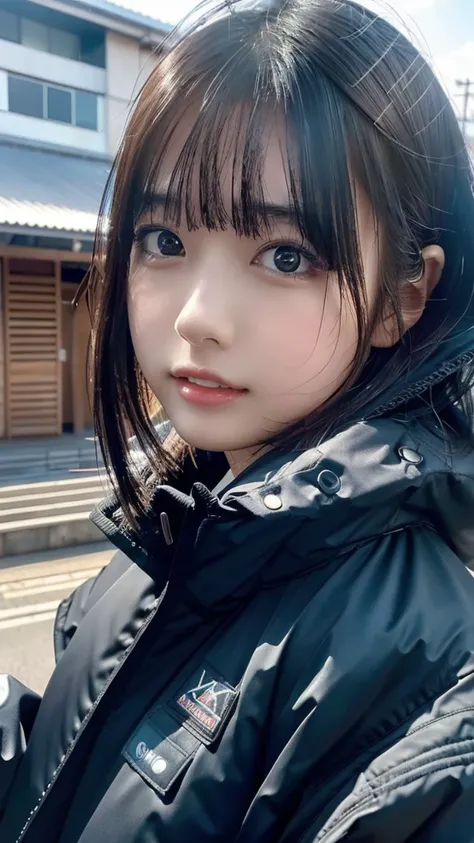 ((masterpiece, Best Quality,  Hi-Res,  Ultra High Definition)),  Japanese High School Girls,(Realistic:1.4)、excited、Great face、Pointed Mouth、 close your mouth、Glossy Lips 、Age 15、 short hair,(Beautiful Hair:1.5)、black puffer jacket、 down jacket、Cityscape、 ...