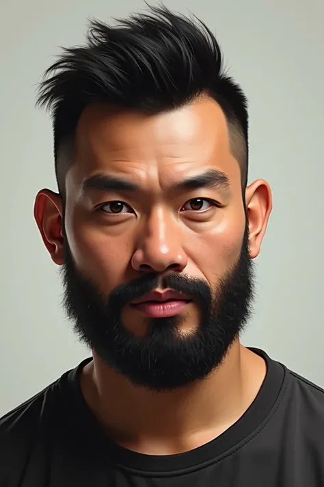 Make image of Asian man with round face, big and wide nose, small eyes and big forehead, curly short hair and beard,