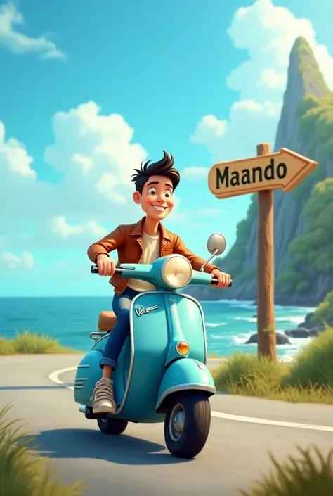  3d cartoon image , a man aged 20 tshun is driving a blue 1980 vespa on the road to the right of the mountain and to the left of the sea,wearing a leather jacket,  heans and sneakers ,   there are directions to the city  "MANADO "  in the photo by Professi...