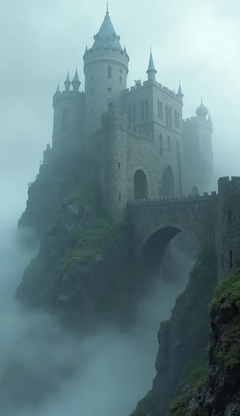 "An ancient stone castle on a hill surrounded by fog, with a bridge leading up to its grand entrance."
