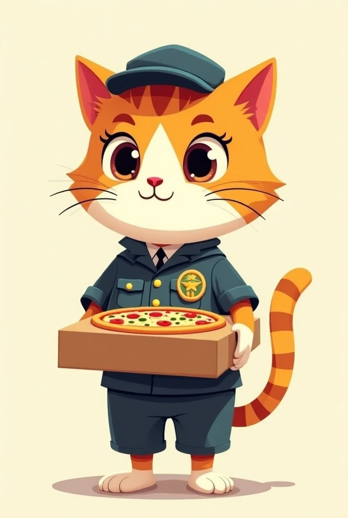 The image features a cartoon cat with a large head and a , wearing a uniform with a badge and holding a pizza box.
