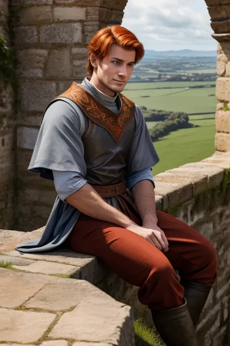 Photo-realistic. A pleased, tall, handsome, fit, 24-year-old Caucasian medieval prince, with short, fade-cut, burnt orange hair, and blue eyes, wearing a red and tan tunic, with gray trousers, sitting on top of a castle wall, looking out to the distance, o...