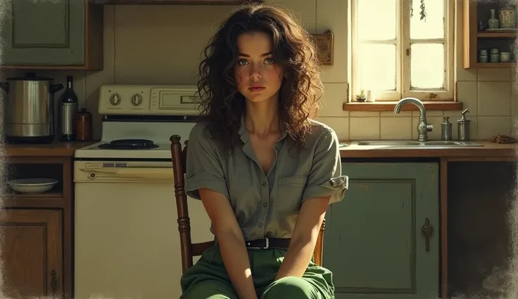 Imagine a beautiful brunette woman with curly black hair and green eyes in a gray blouse, green pants, sitting on a sad chair in a modest kitchen on a sunny day.. Drawing Format