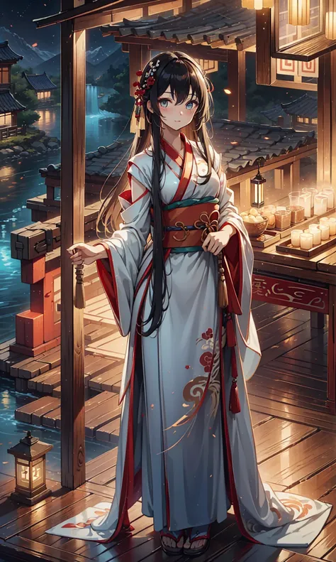   Best Quality , masterpiece,   high resolution  ,,   1 girl at home ,   detailed facial  ,  Mountains and Rivers, night,  Firefly Lights,  actual ,   rich in detail  , (White Hanfu:1.2), (  beautiful body  :1.4),