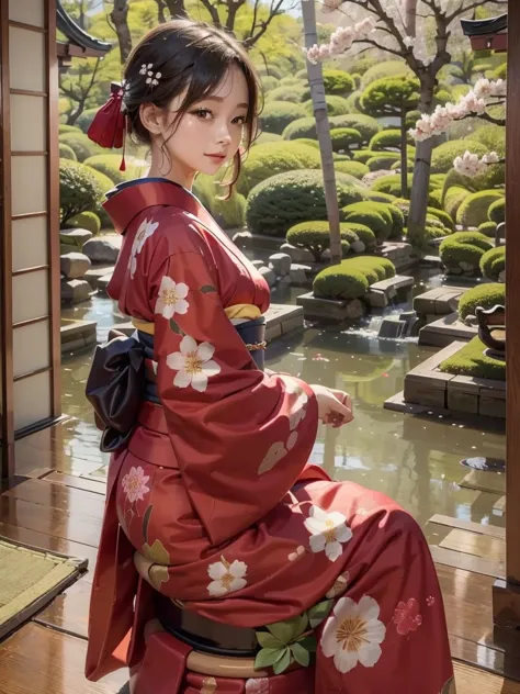 masterpiece, best quality, 1girl, kimono girl, kimono with patterns, outdoors, japanese style, cherry blossom.