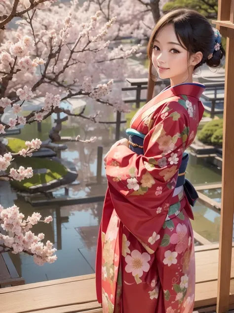 masterpiece, best quality, 1girl, kimono girl, kimono with patterns, outdoors, japanese style, cherry blossom.