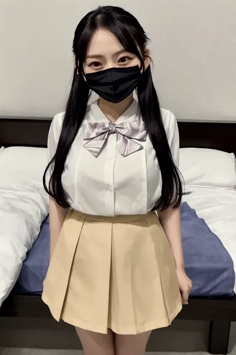  gravure idol pose 　Hotel　 bed　High image quality　Not too small bust　Shorten your skirt　Beautiful legs　Beautiful Hair　Height: 155cm　 has a semi-long hairstyle 　smile　 mask with a 27 year old man
