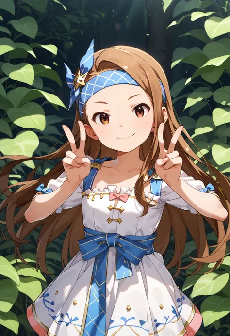 Munshior,  smaller, Long-haired, Brown Hair, amount,  Brown Eyes ,  headband, , flat chest, score_9,  score_8_up,  score_7_up,smile,Double V pose, short dresses