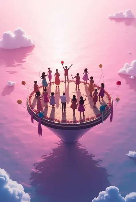 floating platform with party on a pink sea 