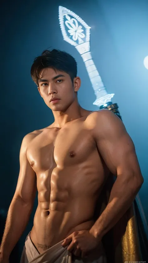 A asian boy like Mighty Archangel Michael, 19 years old, handsome, Full Body Shoot, (eyes contact), detailed facial parts, Manly, a little six packs attractive body and Quiff haircut :: high detail, is in highly detailed battle armor, holding a detailed fl...