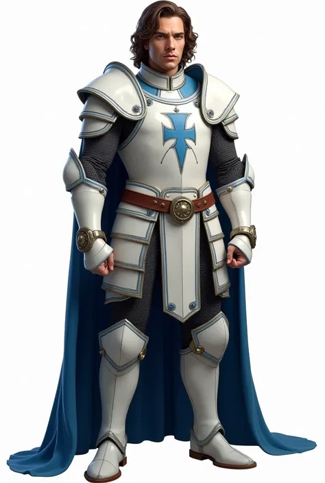 o ator Dacre Montgomery como um cavaleiro, 35 years old,  - full body - mans wavy brown hair, blue eyes,  couple, dungeons and dragons, noble white armor with blue edges , noble blue cape , Large boots. 8k, realism, PNG - white background .

