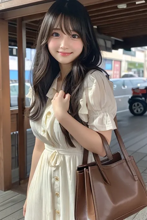  High Resolution ,bangs、Black Hair、Semi-long、  Brown Eyes 、Large Breasts, Model body type、167 cm、22 years old、Cute face、smile、 natural makeup、Japanese、Idol singer、Cute Dresses、Handbags、ribbon