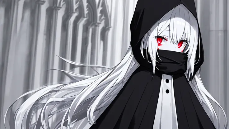 female,1 person, Black Gothic Cloak, wearing a black hood , Long white hair, hair tips are gradated black, white skin, Crimson ruby eyes ,I can&#39;t see your face,Pray with both hands,The background is bright, Sexy, tall and attractive elf with long blond...