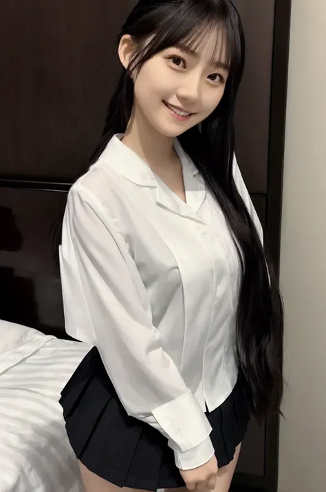  gravure idol pose 　Hotel　 bed　uniform　 white shirt 　High image quality　Not too small bust　 black miniskirt　Shorten your skirt 　Beautiful legs　Beautiful Hair　Height: 155cm　 has a semi-long hairstyle 　smile
