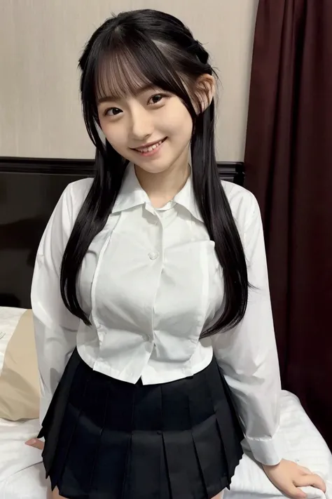  gravure idol pose 　Hotel　 bed　uniform　 white shirt 　High image quality　Not too small bust　 black miniskirt　Shorten your skirt 　Beautiful legs　Beautiful Hair　Height: 155cm　 has a semi-long hairstyle 　smile
