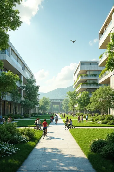 ((best quality)), ((masterpiece)), (detailed), perfect faceUn campus universitaire futuriste avec de vastes espaces verts, des bâtiments écologiques recouverts de jardins verticaux et des étudiants utilisant des vélos et des véhicules électriques. En arriè...