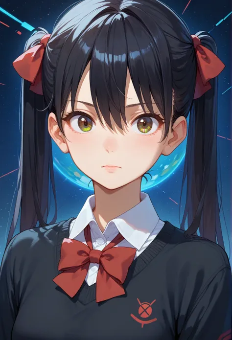 score_9,score_8_up,score_7_up, 1girl, alternate costume, black hair, black sweater, bow, brown eyes, buttons, collared shirt, hair between eyes, long hair, a sci-fi futuristic space background, portrait, red bow, shirt, sidelocks, solo, sweater, twintails,...