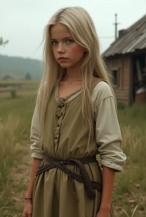 Fantasy, medieval times, a peasant girl aged 12, brown eyes, ash-blond hair with white highlights, straight, thick, long, simple clothes