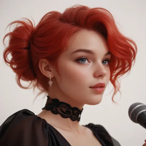 close up portrait of a cute beautiful red-haired woman in a black dress with a retro microphone on a white background