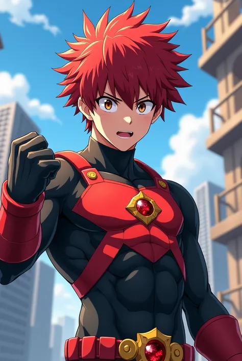 My Hero Academia Style , Anime Boy, male, young male ,Full Body Shot,(fighting stance),short hair, Red Hair,  Brown Eyes ,  small red jewel in the center of the chest,Hero Suit, Full Body Suit, red suit with white and White details, perfect anatomy, super ...