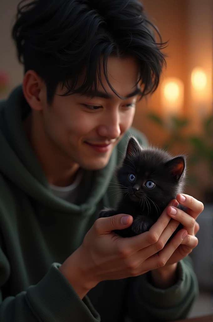 A 25 year old man holds a small black kitten in his hands in the room