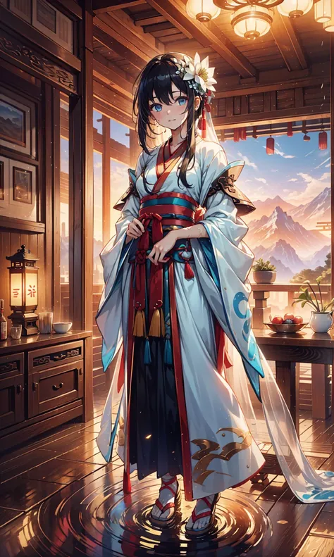   Best Quality , masterpiece,   high resolution  ,,   1 girl at home ,  ， detailed facial  ,  Mountains and Rivers, night,  lotus, blue fluorescent lamp，Wet person， rich in detail  , (White Hanfu:1.2), (  beautiful body  :1.4),