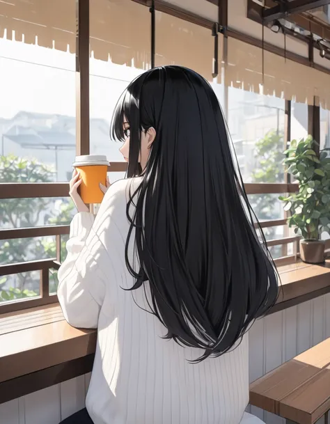  one girl 、Lots of white space、 semi-long hair 、Black Hair、 Beautiful Girl、 oblique view from behind 、 I cant see faces、Comfortable knit 、 drinking tea at a cafe