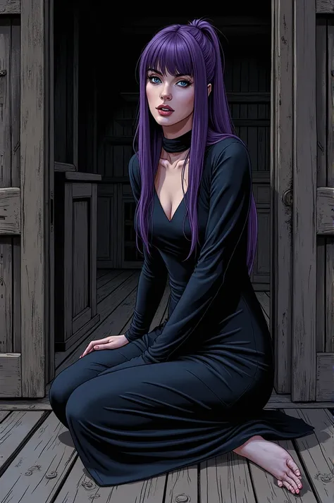 Make pictures for me: Painel comics DC. Woman with dark purple hair , long, smooth,  tied and with straight bangs above the eyebrow .  wearing a long black dress with long sleeves covering her entire body. bright black eyes. Do her sitting on the floor ins...