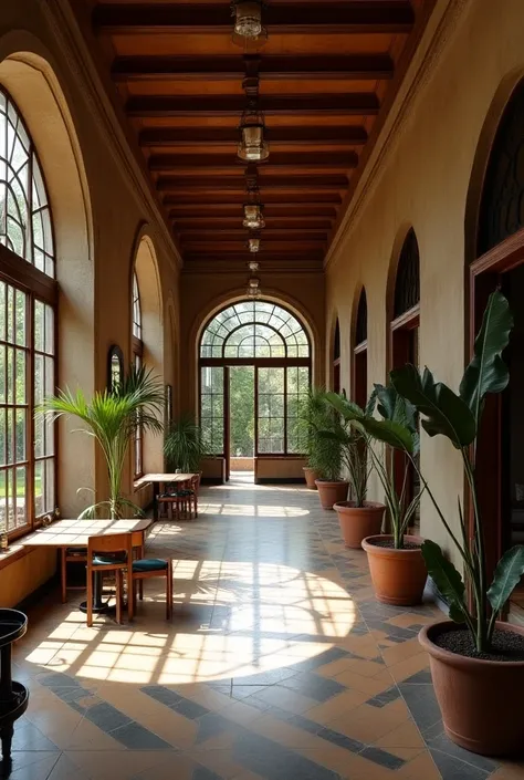 objective architectural image of the interior of the Ariztia Palace with influences of French classism architecture and modernism located in Santiago de Chile with access to the patio and an industrial-style restaurant inside