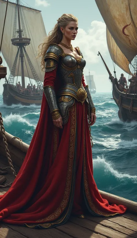 A powerful ancient Illyrian queen with a fierce expression, dressed in royal armor and ornate robes, standing on the deck of a wooden ship surrounded by a rugged fleet of pirate ships. The background shows stormy seas, symbolizing defiance and rebellion.