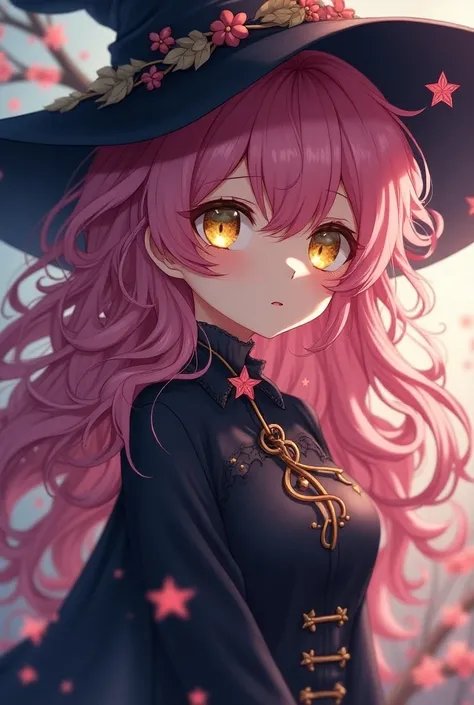 Mature Anime style witch with long curly messy dark pink hair and yellow eyes she has flowers and stars in her design