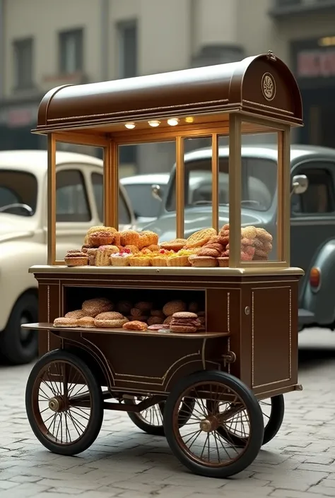  Vintage style pastry cart ,  dark brown and beige cars interspersed,  there is a small 2-compartment glass cabinet and a 2-compartment shelf below,  into a car with shelves giving out ,  car with a light thin roof, compact wheels , big car