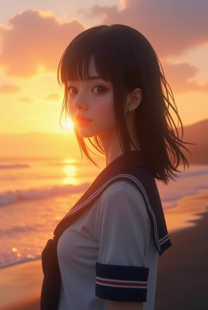  High Quality 、 8k Ultra HD 、 pretty woman 、 school uniform(1:2)、 sailor suit、 Dark hair medium hair 、Perfect beautiful girl(1:2)、 beautiful Double Exposure combining the silhouette of a goddess with the sunset coast、 Sunset Coast acts as a backdrop and 、T...