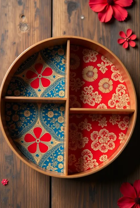 The interior of the circle lunchbox that inspired by Malaysian culture, featuring a unique layout of compartments with a special focus on Malaysian elements. The compartments are thoughtfully divided, with each section bordered by intricate batik patterns ...