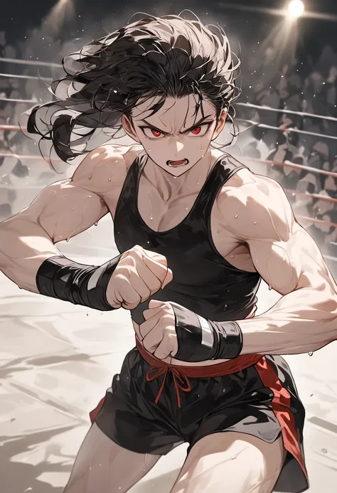 (masterpiece,  Top Quality , Very aesthetic , 4K、illustration),  exquisite detail , 1 woman,Alone,Contrast ,  shining eyes , (Martial artist ), A mature 25 year old,  beautiful face in sportswear bottoms,  wearing a bandage on his hand during boxing,  clen...